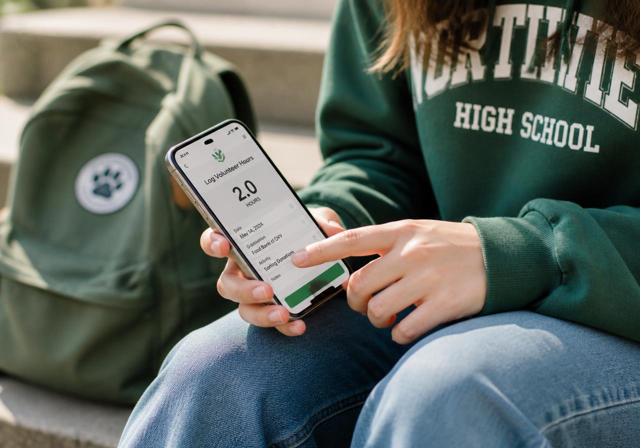 A high school student logging volunteer hours on the Ecopreneur app from their phone