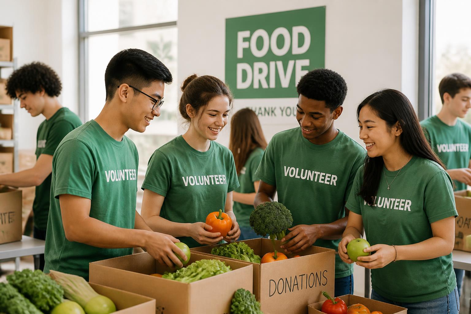 High school students in green volunteer shirts sorting produce donations at a community food drive